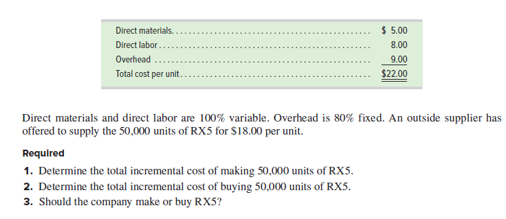 Direct materials. .
$ 5.00
Direct labor...
8.00
Overhead ...
9.00
Total cost per unit.
$22.00
Direct materials and direct labor are 100% variable. Overhead is 80% fixed. An outside supplier has
offered to supply the 50,000 units of RX5 for $18.00 per unit.
Required
1. Determine the total incremental cost of making 50,000 units of RX5.
2. Determine the total incremental cost of buying 50,000 units of RX5.
3. Should the company make or buy RX5?
