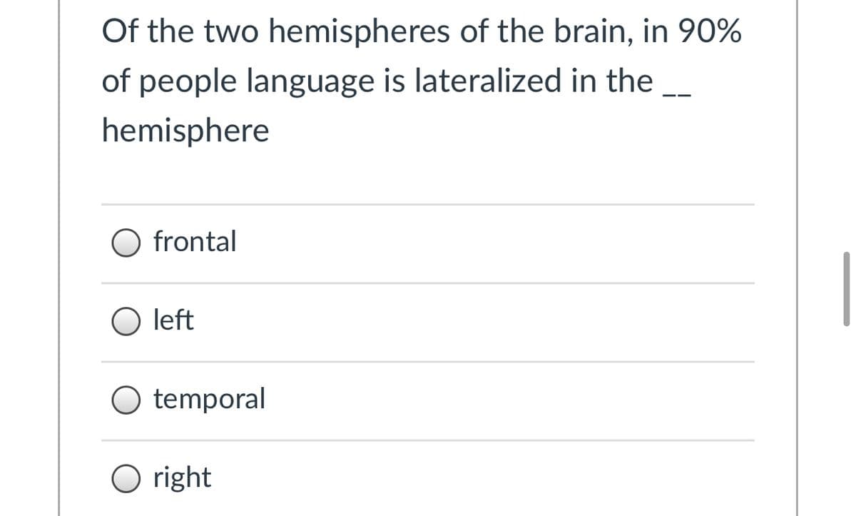 Of the two hemispheres of the brain, in 90%
of people language is lateralized in the
hemisphere
frontal
left
temporal
O right
