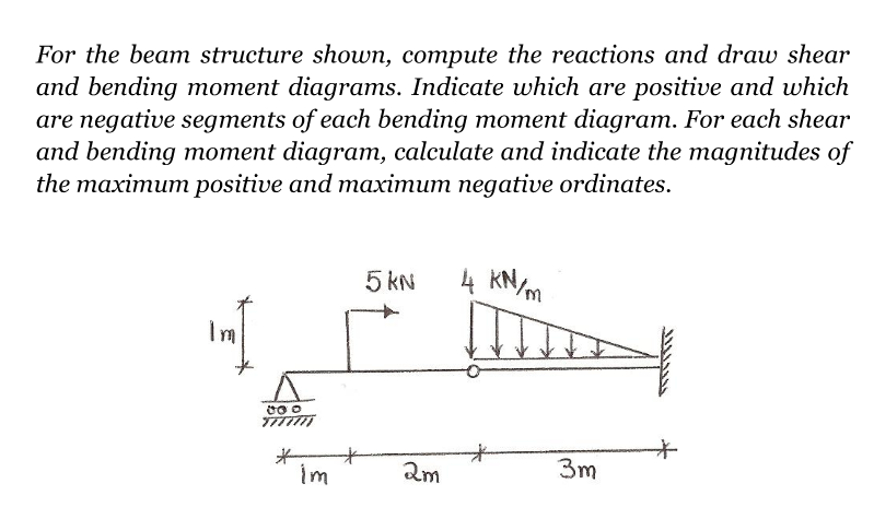 For the beam structure shown, compute the reactions and draw shear
and bending moment diagrams. Indicate which are positive and which
are negative segments of each bending moment diagram. For each shear
and bending moment diagram, calculate and indicate the magnitudes of
the maximum positive and maximum negative ordinates.
Im
000
*
im
*
5 kN
2m
4 kN/m
3m