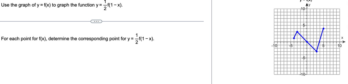 Use the graph of y = f(x) to graph the function y = f(1-x).
=(1-x).
For each point for f(x), determine the corresponding point for y=
-10
y
HOTY
A
N
--5-
-5
10
5
X
10
A