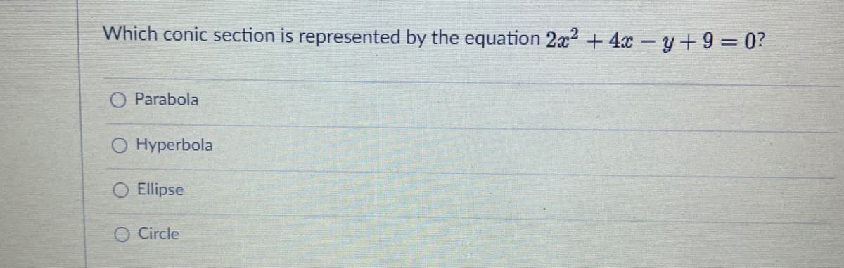 Which conic section is represented by the equation 2x2 + 4x y+9=0?
O Parabola
O Hyperbola
Ellipse
O Circle
