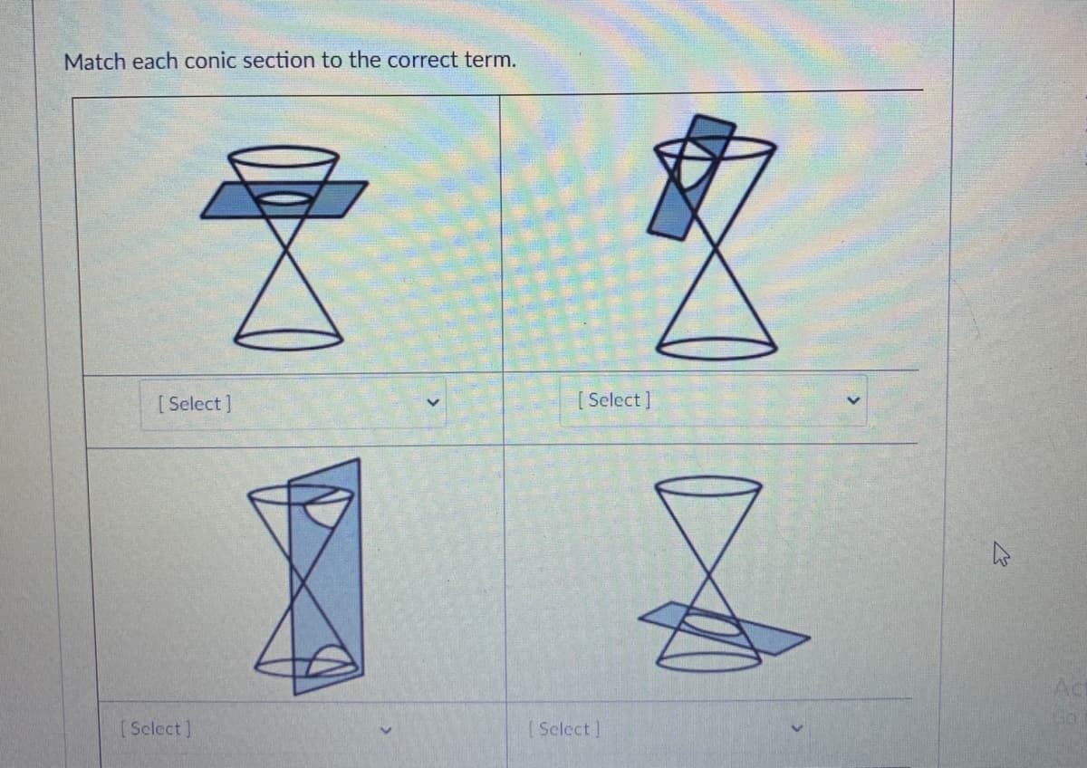 Match each conic section to the correct term.
[ Select ]
[ Select ]
Select]
Select]
