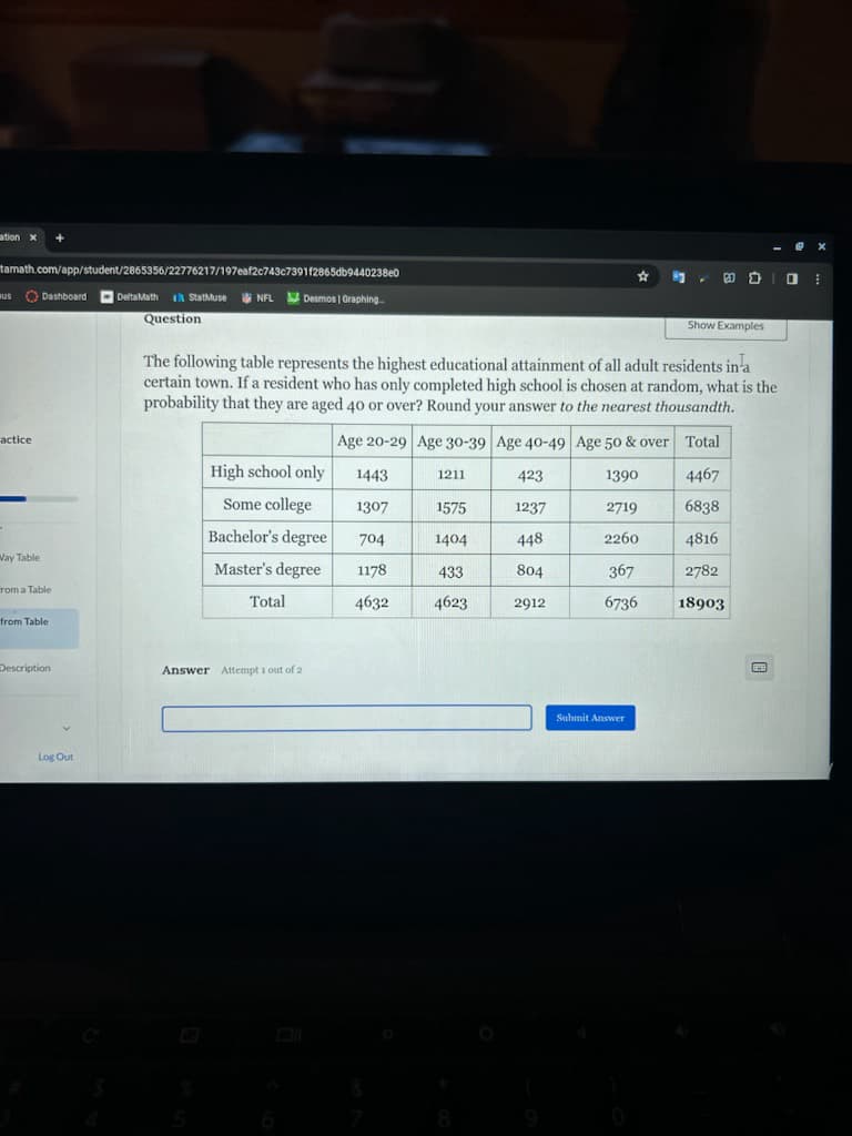 ation
tamath.com/app/student/2865356/22776217/197eaf2c743c7391f2865db9440238e0
mus Dashboard
DeltaMath
actice
StatMuse NFL Desmos | Graphing...
Question
Show Examples
The following table represents the highest educational attainment of all adult residents in-a
certain town. If a resident who has only completed high school is chosen at random, what is the
probability that they are aged 40 or over? Round your answer to the nearest thousandth.
Age 20-29 Age 30-39 Age 40-49 Age 50 & over Total
Way Table
from a Table
from Table
High school only
1443
1211
423
1390
4467
Some college
1307
1575
1237
2719
6838
Bachelor's degree
704
1404
448
2260
4816
Master's degree
1178
433
804
367
2782
Total
4632
4623
2912
6736
18903
Description:
Answer Attempt 1 out of 2
Log Out
Submit Answer