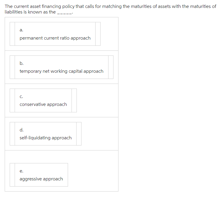 The current asset financing policy that calls for matching the maturities of assets with the maturities of
liabilities is known as the
a.
permanent current ratio approach
b.
temporary net working capital approach
C.
conservative approach
d.
self-liquidating approach
e.
aggressive approach