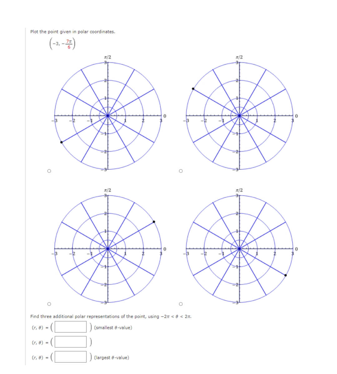 Plot the point given in polar coordinates.
(-2.-4)
A/2
7/2
A/2
A/2
Find three additional polar representations of the point, using -2n < 8 < 2n.
(r, e) =
(smallest 0-value)
(r, e) =
(r, e) =
(largest 8-value)
