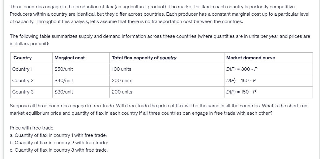 Three countries engage in the production of flax (an agricultural product). The market for flax in each country is perfectly competitive.
Producers within a country are identical, but they differ across countries. Each producer has a constant marginal cost up to a particular level
of capacity. Throughout this analysis, let's assume that there is no transportation cost between the countries.
The following table summarizes supply and demand information across these countries (where quantities are in units per year and prices are
in dollars per unit):
Country
Marginal cost
Total flax capacity of country
Market demand curve
Country 1
$50/unit
100 units
D(P) = 300 - P
Country 2
$40/unit
200 units
D(P) = 150 - P
Country 3
$30/unit
200 units
D(P) = 150 - P
Suppose all three countries engage in free-trade. With free-trade the price of flax will be the same in all the countries. What is the short-run
market equilibrium price and quantity of flax in each country if all three countries can engage in free trade with each other?
Price with free trade:
a. Quantity of flax in country 1 with free trade:
b. Quantity of flax in country 2 with free trade:
c. Quantity of flax in country 3 with free trade:
