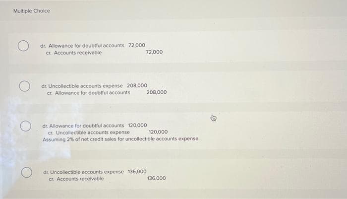 Multiple Choice
O
dr. Allowance for doubtful accounts 72,000
cr. Accounts receivable
72,000
dr. Uncollectible accounts expense 208,000
cr. Allowance for doubtful accounts
208,000
dr. Allowance for doubtful accounts 120,000
cr. Uncollectible accounts expense
120,000
Assuming 2% of net credit sales for uncollectible accounts expense.
dr. Uncollectible accounts expense 136,000
cr. Accounts receivable
136,000