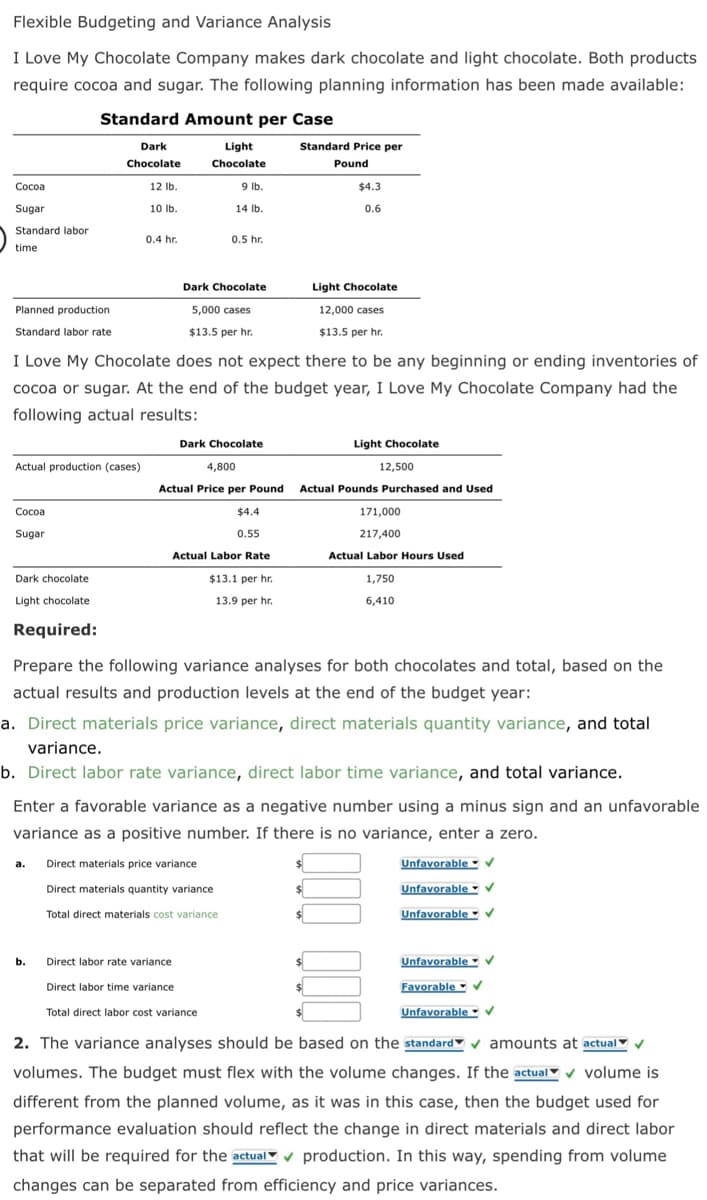 Flexible Budgeting and Variance Analysis
I Love My Chocolate Company makes dark chocolate and light chocolate. Both products
require cocoa and sugar. The following planning information has been made available:
Standard Amount per Case
Cocoa
Sugar
Standard labor
time
Planned production
Standard labor rate
Actual production (cases)
Cocoa
Sugar
Dark chocolate
Light chocolate
Required:
Dark
Chocolate
12 lb.
10 lb.
0.4 hr.
a.
b.
Light
Chocolate
9 lb.
14 lb.
I Love My Chocolate does not expect there to be any beginning or ending inventories of
cocoa or sugar. At the end of the budget year, I Love My Chocolate Company had the
following actual results:
Dark Chocolate
5,000 cases
$13.5 per hr.
0.5 hr.
Dark Chocolate
4,800
Actual Price per Pound
$4.4
0.55
Actual Labor Rate
$13.1 per hr.
13.9 per hr.
Standard Price per
Pound
Direct materials price variance
Direct materials quantity variance
Total direct materials cost variance
Direct labor rate variance
Direct labor time variance
Total direct labor cost variance
Prepare the following variance analyses for both chocolates and total, based on the
actual results and production levels at the end of the budget year:
a. Direct materials price variance, direct materials quantity variance, and total
variance.
b. Direct labor rate variance, direct labor time variance, and total variance.
Light Chocolate
12,500
Actual Pounds Purchased and Used
Enter a favorable variance as a negative number using a minus sign and an unfavorable
variance as a positive number. If there is no variance, enter a zero.
$4.3
0.6
$
Light Chocolate
12,000 cases
$13.5 per hr.
$
$
$
171,000
217,400
Actual Labor Hours Used
1,750
6,410
$
Unfavorable V
Unfavorable ✔
Unfavorable V
Unfavorable ✔
Favorable V
Unfavorable ✔
2. The variance analyses should be based on the standard ✓ amounts at actual ✔
volumes. The budget must flex with the volume changes. If the actual volume is
different from the planned volume, as it was in this case, then the budget used for
performance evaluation should reflect the change in direct materials and direct labor
that will be required for the actual production. In this way, spending from volume
changes can be separated from efficiency and price variances.