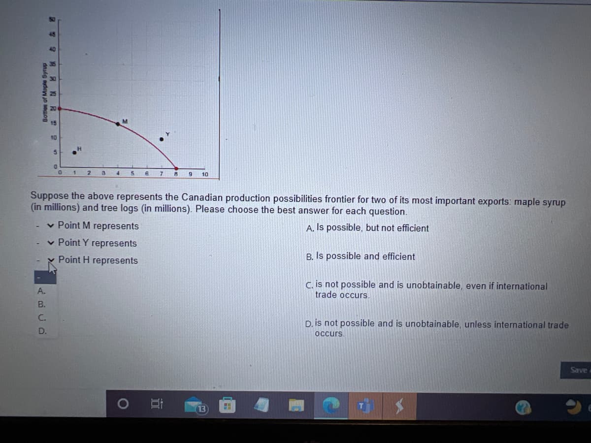 Bottles of Maple Syrup
ABCD
A.
B.
C.
8 68
D.
ANR
15
10
5
0
Suppose the above represents the Canadian production possibilities frontier for two of its most important exports: maple syrup
(in millions) and tree logs (in millions). Please choose the best answer for each question.
✓ Point M represents
A. Is possible, but not efficient
✓ Point Y represents
Point H represents
0
H
1 2 3 4 5 6
7 8 9 10
O E
P
13)
B. Is possible and efficient
C. is not possible and is unobtainable, even if international
trade occurs.
D. is not possible and is unobtainable, unless international trade
occurs.
Save a