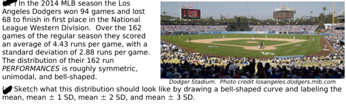 ### 2014 Los Angeles Dodgers Season Analysis

In the 2014 MLB season, the Los Angeles Dodgers won 94 games and lost 68, clinching first place in the National League Western Division. During the regular season, which comprised 162 games, the Dodgers averaged 4.43 runs per game. The standard deviation of their runs per game stood at 2.88 runs. The distribution of their 162 run performances can be described as roughly symmetric, unimodal, and bell-shaped.

To visualize this distribution:

- **Mean (μ)**: 4.43 runs per game.
- **Standard Deviation (σ)**: 2.88 runs per game.

A bell-shaped curve, often referred to as a normal distribution, can be sketched to represent this data. On this curve:
- The peak of the bell, representing the mean (μ), should be labeled at 4.43.
- Moving one standard deviation to the left and right of the mean (μ ± 1σ), the values would be:
  - Mean - 1 SD: 4.43 - 2.88 = 1.55
  - Mean + 1 SD: 4.43 + 2.88 = 7.31
- Moving two standard deviations to the left and right of the mean (μ ± 2σ), the values would be:
  - Mean - 2 SD: 4.43 - 2 * 2.88 = -1.33 (note: runs per game cannot be less than 0 in reality)
  - Mean + 2 SD: 4.43 + 2 * 2.88 = 10.19
- Moving three standard deviations to the left and right of the mean (μ ± 3σ), the values would be:
  - Mean - 3 SD: 4.43 - 3 * 2.88 = -4.21 (note: runs per game cannot be less than 0 in reality)
  - Mean + 3 SD: 4.43 + 3 * 2.88 = 13.07

This curve can help in understanding the distribution and variability in the Dodgers' performance over the season.


#### Image Description
The image shows a vibrant scene of a baseball game at Dodger Stadium, with the stands filled with fans. The field is clearly visible with players in position, set against a backdrop of