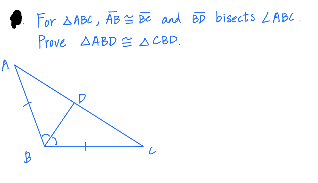 ## Proving Congruence of Triangles ABD and CBD in Triangle ABC

### Problem Statement
Given: 
- Triangle \( \triangle ABC \)
- \( \overline{AB} \cong \overline{BC} \)
- \( \overline{BD} \) bisects \( \angle ABC \)

Prove: \( \triangle ABD \cong \triangle CBD \)

### Diagram Analysis
The diagram helps to visualize the given information and the proof. It shows:
- Triangle \( \triangle ABC \) with points A, B, and C.
- Line segment \( \overline{AB} \) is congruent to line segment \( \overline{BC} \).
- Point D lies on line segment \( \overline{AC} \).
- Line segment \( \overline{BD} \) bisects \( \angle ABC \).

### Steps to Prove Congruence
To prove \( \triangle ABD \) is congruent to \( \triangle CBD \), we will use the Side-Angle-Side (SAS) Congruence Theorem.

1. **Identify Congruent Line Segments:**
   - Given \( \overline{AB} \cong \overline{BC} \), we have one pair of congruent sides.

2. **Identify Angles:**
   - \( \overline{BD} \) bisects \( \angle ABC \), thus \( \angle ABD \cong \angle CBD \).

3. **Identify Congruent Line Segments:**
   - \( \overline{BD} \) is common to both \( \triangle ABD \) and \( \triangle CBD \).

### Applying Theorem
Using the SAS (Side-Angle-Side) Theorem:
- Side \( \overline{AB} \cong \overline{BC} \)
- Angle \( \angle ABD \cong \angle CBD \)
- Side \( \overline{BD} \) is common to both triangles

Thus, by SAS Congruence Theorem, \( \triangle ABD \cong \triangle CBD \).

### Conclusion
We have successfully proven that \( \triangle ABD \) is congruent to \( \triangle CBD \) given the initial conditions and the SAS Congruence Theorem.
