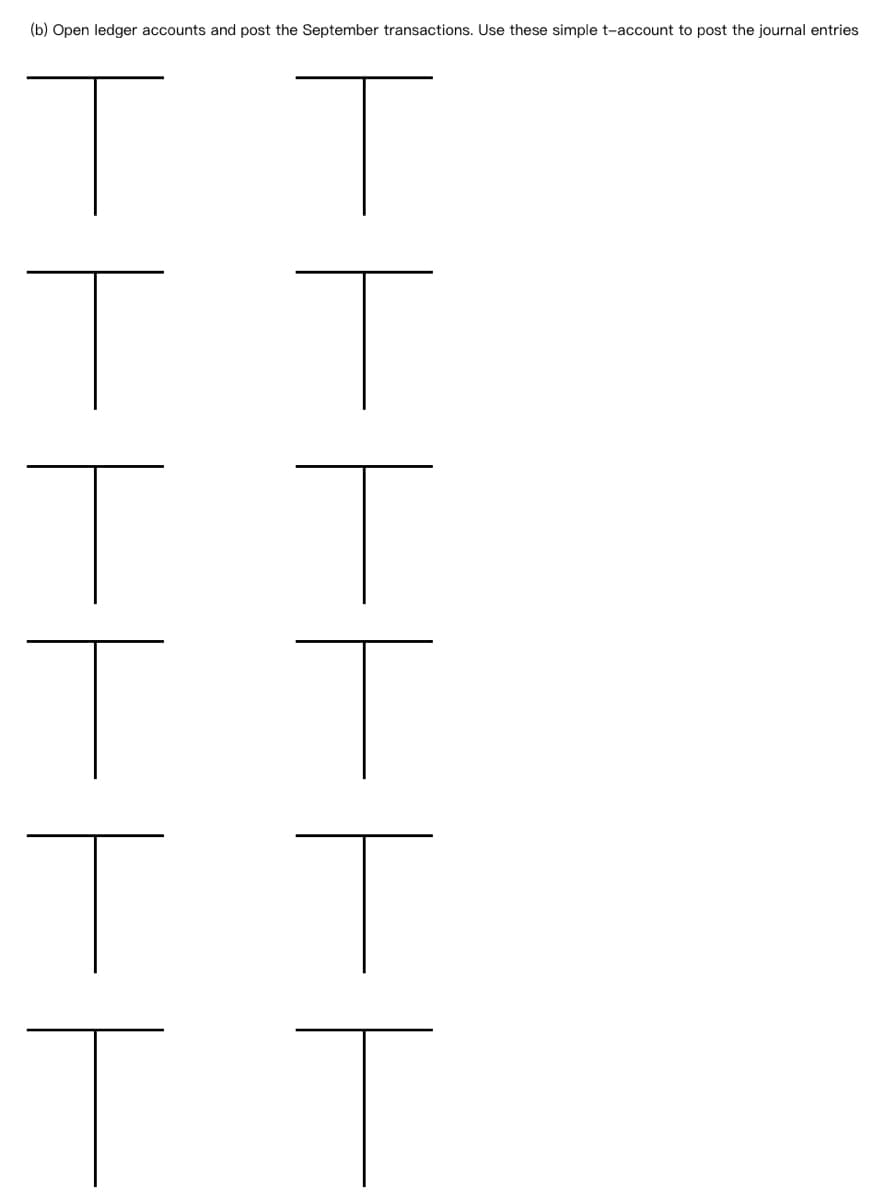 (b) Open ledger accounts and post the September transactions. Use these simple t-account to post the journal entries
T
EEE
