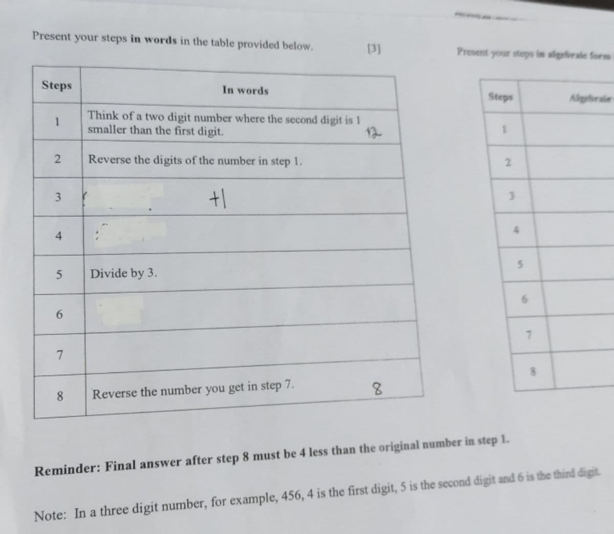 Present your steps in words in the table provided below.
[3)
Present your steps in slgebraie form
Steps
In words
Steps
Algforsie
Think of a two digit number where the second digit is 1
smaller than the first digit.
1
12
Reverse the digits of the number in step 1.
3.
3.
4.
Divide by 3.
7.
7.
Reverse the number you get in step 7.
8.
8
Reminder: Final answer after step 8 must be 4 less than the original number in step 1.
Note: In a three digit number, for example, 456, 4 is the first digit, 5 is the second digit and 6 is the third digit.
69
2.
2.
4)
