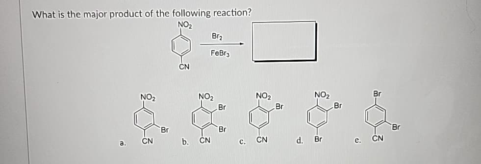 What is the major product of the following reaction?
NO₂
a.
NO₂
CN
Br
CN
Br₂
FeBr3
NO₂
Br
Br
CN
b.
NO₂
CN
Br
NO₂
d. Br
Br
Br
e. CN
Br