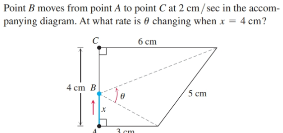 Point B moves from point A to point C at 2 cm/ sec in the accom-
panying diagram. At what rate is 0 changing when x = 4 cm?
6 ст
4 ст В
5 cm
3 cm
