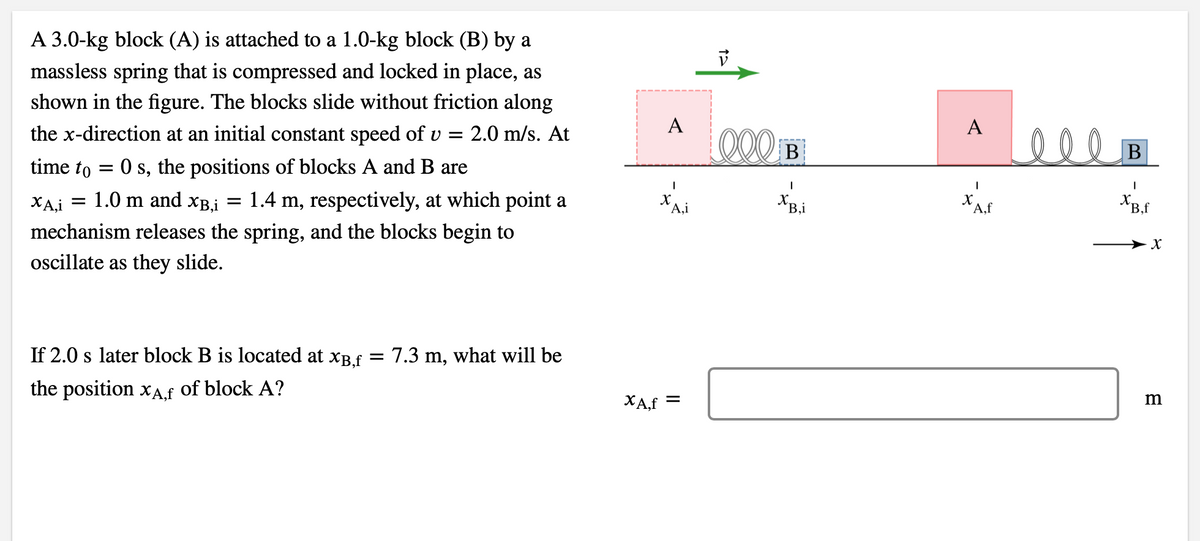 A 3.0-kg block (A) is attached to a 1.0-kg block (B) by a
massless spring that is compressed and locked in place, as
Lee
shown in the figure. The blocks slide without friction along
A
A
the x-direction at an initial constant speed of v =
O00 B
2.0 m/s. At
lo
В
time to
= 0 s, the positions of blocks A and B are
XAi = 1.0 m and xB.i =
1.4 m, respectively, at which point a
A,i
A,f
mechanism releases the spring, and the blocks begin to
oscillate as they slide.
If 2.0 s later block B is located at xB.f
7.3 m, what will be
the position xA,f of block A?
XA.f =
