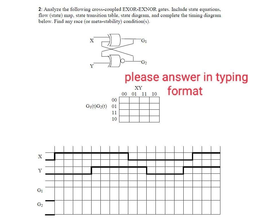 2: Analyze the following cross-coupled EXOR-EXNOR gates. Include state equations,
flow (state) map, state transition table, state diagram, and complete the timing diagram
below. Find any race (or meta-stability) condition(s).
X
Y
G₁
G₂
X
Y
00
G₁(t)G₂(t) 01
11
10
G₁
-G₂
please answer in typing
XY
format
00 01 11 10