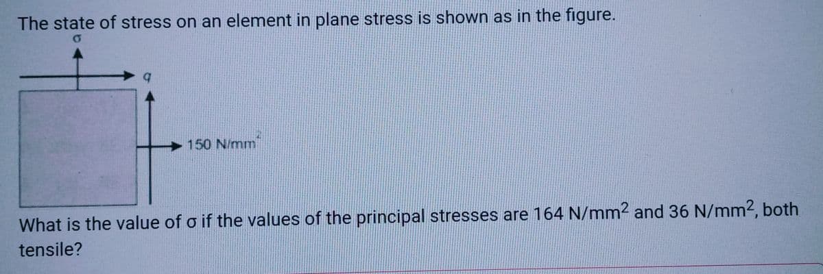 The state of stress on an element in plane stress is shown as in the figure.
150 N/mm
What is the value of o if the values of the principal stresses are 164 N/mm² and 36 N/mm², both
tensile?