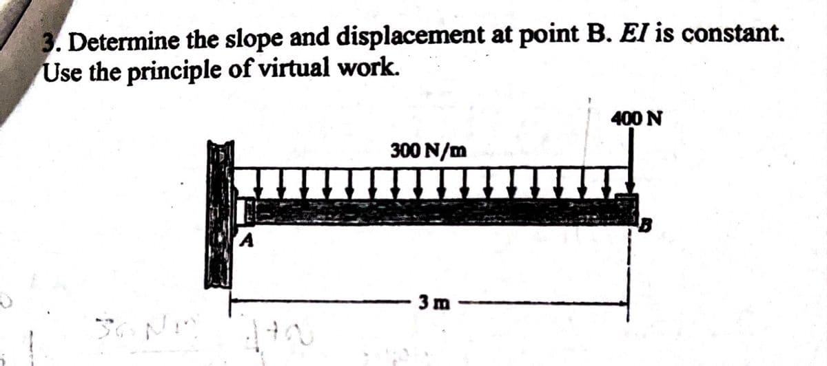 3. Determine the slope and displacement at point B. EI is constant.
Use the principle of virtual work.
300 N/m
3m
400 N