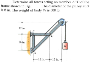 Determine all forces acting on member ACD of the
The diameter of the pulley at D
frame shown in Fig.
is 8 in. The weight of body W is 500 lb.
D
12 in.
B
16 in.
16 in.
12 in.-
