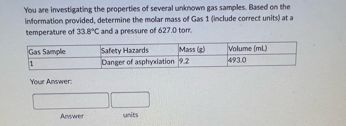 You are investigating the properties of several unknown gas samples. Based on the
information provided, determine the molar mass of Gas 1 (include correct units) at a
temperature of 33.8°C and a pressure of 627.0 torr.
Gas Sample
1
Your Answer:
Answer
Safety Hazards
Danger of asphyxiation 9.2
Mass (g)
units
Volume (mL)
493.0