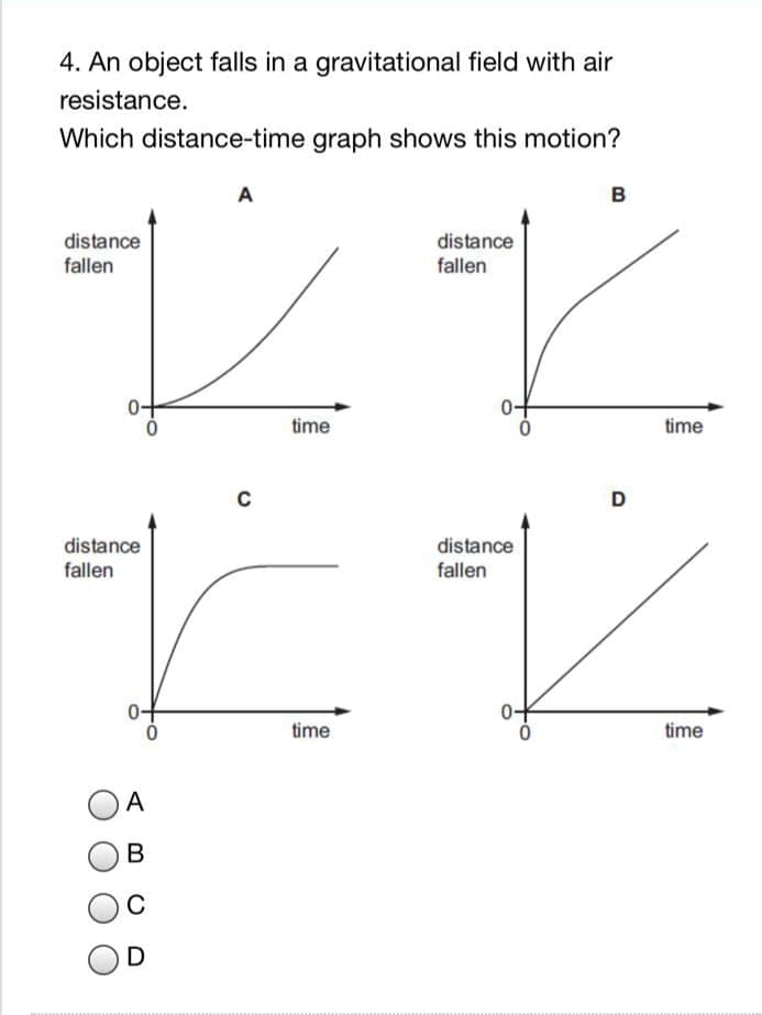 4. An object falls in a gravitational field with air
resistance.
Which distance-time graph shows this motion?
A
B
distance
fallen
distance
fallen
0-
time
time
C
D
distance
distance
fallen
fallen
time
time
В
