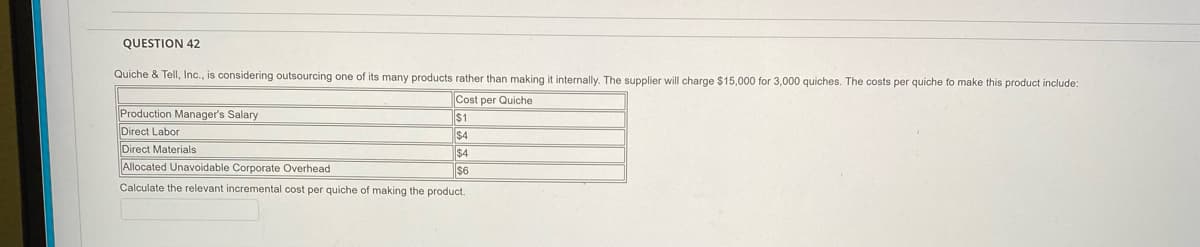 QUESTION 42
Quiche & Tell, Inc., is considering outsourcing one of its many products rather than making it internally. The supplier will charge $15,000 for 3,000 quiches. The costs per quiche to make this product include:
Cost per Quiche
Production Manager's Salary
$1
Direct Labor
$4
Direct Materials
$4
Allocated Unavoidable Corporate Overhead
$6
Calculate the relevant incremental cost per quiche of making the product.