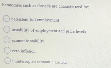 Economies such as Canada are characterized by:
persistent full employment
instability of employment and price levels
economic stability
zero inflation
uninterrupted economic growth