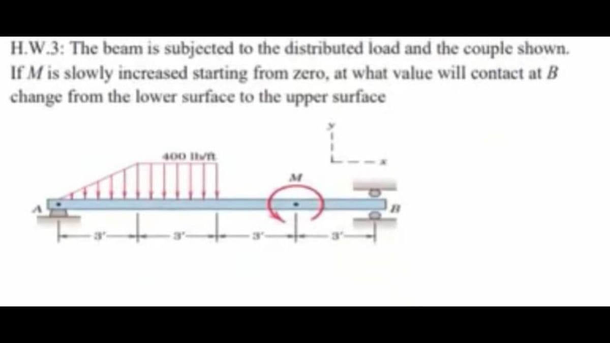 H.W.3: The beam is subjected to the distributed load and the couple shown.
If M is slowly increased starting from zero, at what value will contact at B
change from the lower surface to the upper surface
400 Ivn
