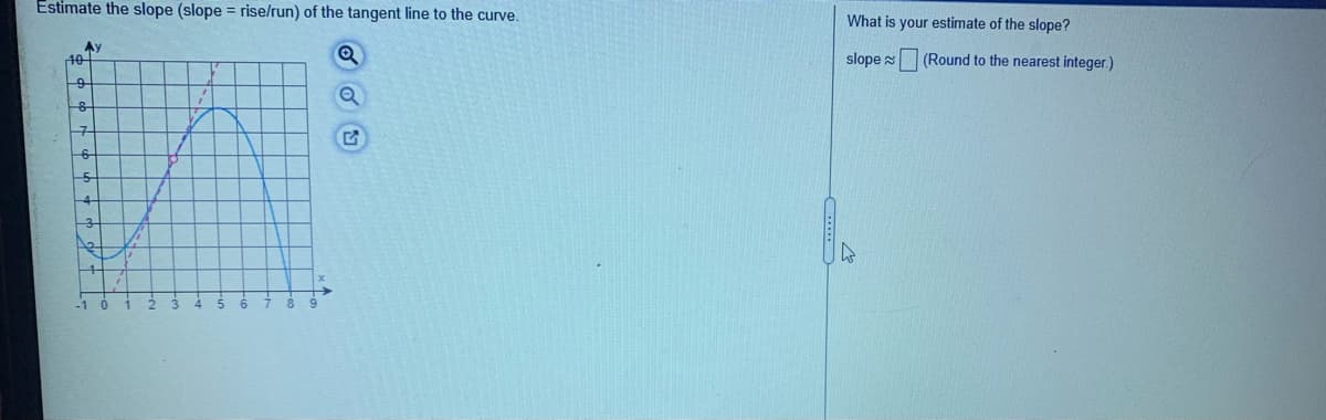 Estimate the slope (slope = rise/run) of the tangent line to the curve.
What is your estimate of the slope?
Ay
40
slope (Round to the nearest integer.)
구
-4-
-3
