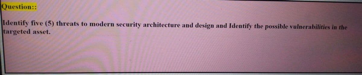 Question::
Identify five (5) threats to modern security architecture and design and Identify the possible vulnerabilities in the
targeted asset.
