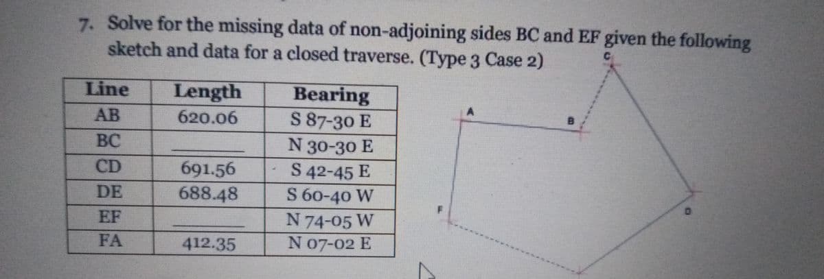 7. Solve for the missing data of non-adjoining sides BC and EF given the following
sketch and data for a closed traverse. (Type 3 Case 2)
Bearing
S 87-30 E
Line
Length
A.
B.
АВ
620.06
BC
N 30-30 E
S 42-45 E
S 60-40 W
CD
691.56
688.48
DE
F
N 74-05 W
N 07-02 E
EF
FA
412.35
