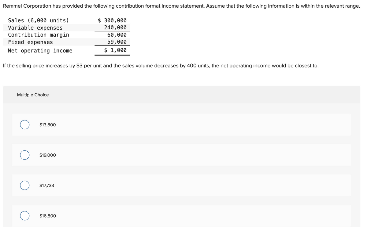 Remmel Corporation has provided the following contribution format income statement. Assume that the following information is within the relevant range.
Sales (6,000 units)
Variable expenses
Contribution margin
Fixed expenses
Net operating income
If the selling price increases by $3 per unit and the sales volume decreases by 400 units, the net operating income would be closest to:
Multiple Choice
$13,800
$19,000
$17,733
$ 300,000
240,000
60,000
59,000
$ 1,000
$16,800