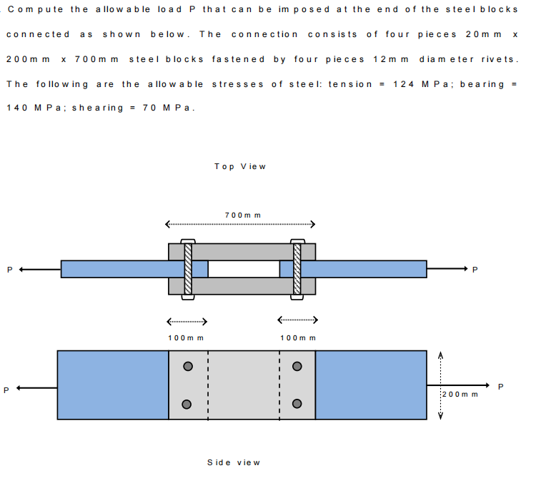 Compute the a llow ab le lo ad P th at can be im posed at the end of the steelblocks
connected as shown be lo w. The connectio n consists o f four pieces 20 m m x
200 m m x 700 m m s te el blo cks fastened by four p ie ces 12 mm
d ia m eter rivets.
The fo llo w ing a re the allo w a b le stresses of steelI: tension = 1 2 4 M Pa; bea rin g =
140 M Pa; she aring = 70 M Pa.
Top Vie w
700 m m
100 m m
100 m m
200m m
S id e vie w
P.
