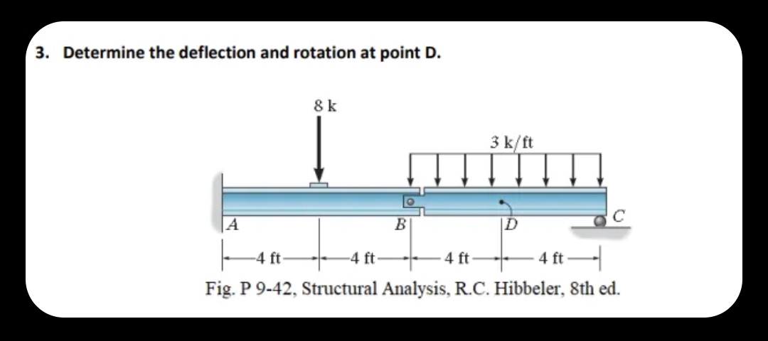 3. Determine the deflection and rotation at point D.
A
8 k
3 k/ft
mimm
-4 ft
O
B
-4 ft
4 ft
-4 ft
Fig. P 9-42, Structural Analysis, R.C. Hibbeler, 8th ed.