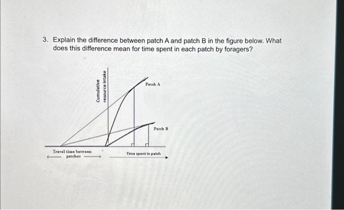 3. Explain the difference between patch A and patch B in the figure below. What
does this difference mean for time spent in each patch by foragers?
Travel time between
patcher
Cumulative
resource intake
Patch A
Patch B
Time spent in patch