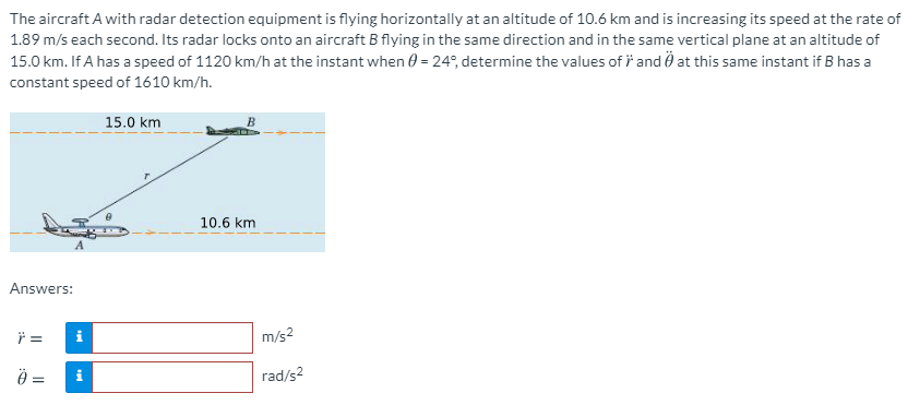 The aircraft A with radar detection equipment is flying horizontally at an altitude of 10.6 km and is increasing its speed at the rate of
1.89 m/s each second. Its radar locks onto an aircraft B flying in the same direction and in the same vertical plane at an altitude of
15.0 km. If A has a speed of 1120 km/h at the instant when 0 = 24°, determine the values of ř and Ö at this same instant if B has a
constant speed of 1610 km/h.
15.0 km
10.6 km
Answers:
i
m/s2
=
rad/s2
