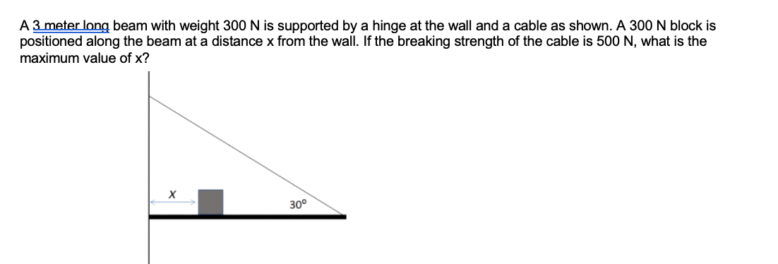 A 3 meter long beam with weight 300 N is supported by a hinge at the wall and a cable as shown. A 300N block is
positioned along the beam at a distance x from the wall. If the breaking strength of the cable is 500 N, what is the
maximum value of x?
30°
