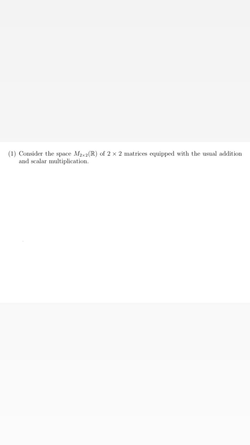 (1) Consider the space M2x2(R) of 2 x 2 matrices equipped with the usual addition
and scalar multiplication.