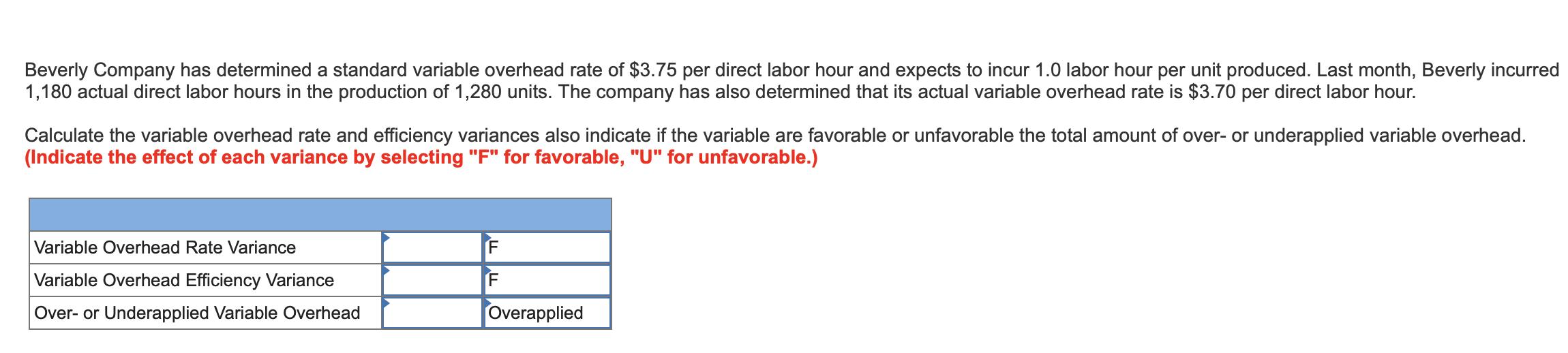 Beverly Company has determined a standard variable overhead rate of $3.75 per direct labor hour and expects to incur 1.0 labor hour per unit produced. Last month, Beverly incurred
1,180 actual direct labor hours in the production of 1,280 units. The company has also determined that its actual variable overhead rate is $3.70 per direct labor hour.
Calculate the variable overhead rate and efficiency variances also indicate if the variable are favorable or unfavorable the total amount of over- or underapplied variable overhead.
(Indicate the effect of each variance by selecting "F" for favorable, "U" for unfavorable.)
Variable Overhead Rate Variance
F
Variable Overhead Efficiency Variance
Overapplied
Over- or Underapplied Variable Overhead
