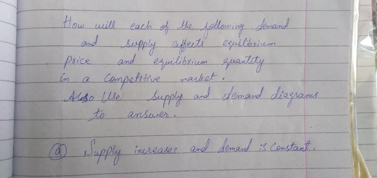 How will each of the hollowing demand
and
Sepply affecti equiloriceom
and eguilibrium spueitly
price
in
Compettive
supply and demand diagrans
market
Aldo Ude
to
answer.
inereases and demand FS Constant.
