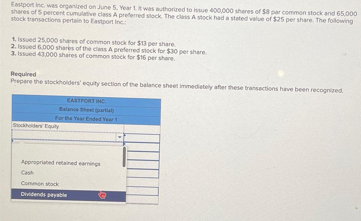 Eastport Inc. was organized on June 5, Year 1. It was authorized to issue 400,000 shares of $8 par common stock and 65,000
shares of 5 percent cumulative class A preferred stock. The class
stock transactions pertain to Eastport Inc.:
stock had a stated value of $25 per share. The following
1. Issued 25,000 shares of common stock for $13 per share.
2. Issued 6,000 shares of the class A preferred stock for $30 per share.
3. Issued 43,000 shares of common stock for $16 per share.
Required
Prepare the stockholders' equity section of the balance sheet immediately after these transactions have been recognized.
EASTPORT INC.
Balance Sheet (partial)
For the Year Ended Year 1
Stockholders' Equity
Appropriated retained earnings
Cash
Common stock
Dividends payable