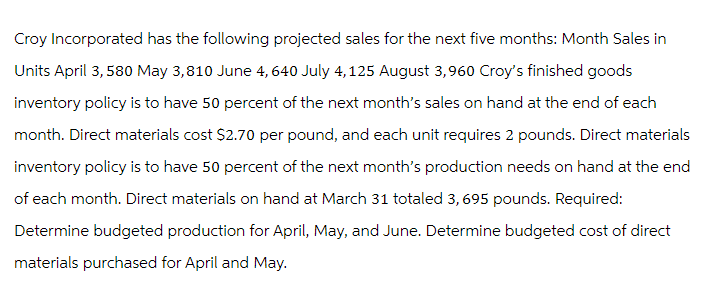 Croy Incorporated has the following projected sales for the next five months: Month Sales in
Units April 3, 580 May 3,810 June 4, 640 July 4, 125 August 3,960 Croy's finished goods
inventory policy is to have 50 percent of the next month's sales on hand at the end of each
month. Direct materials cost $2.70 per pound, and each unit requires 2 pounds. Direct materials
inventory policy is to have 50 percent of the next month's production needs on hand at the end
of each month. Direct materials on hand at March 31 totaled 3,695 pounds. Required:
Determine budgeted production for April, May, and June. Determine budgeted cost of direct
materials purchased for April and May.