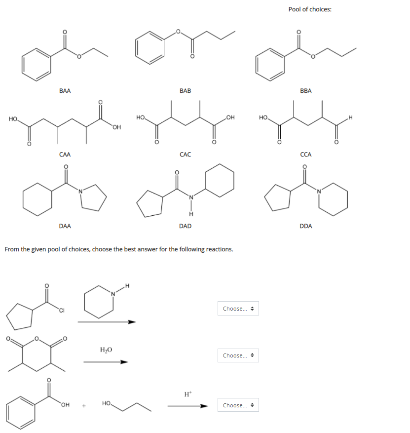 Pool of choices:
oh or on
BAA
BAB
BBA
HO
но
OH
но
HO,
СА
CAC
CCA
DAA
DAD
DDA
From the given pool of choices, choose the best answer for the following reactions.
Choose.
H,0
Choose.. +
of
H*
он
но.
Choose.. +
