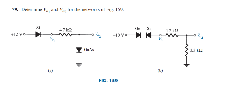 *9. Determine Vo, and Vo, for the networks of Fig. 159.
Ge
Si
Si
1.2 kΩ
4.7 kN
Vo2
Vo2
-10 Vo
+12 Vo
Vo
3.3 k2
GaAs
(b)
(a)
FIG. 159
