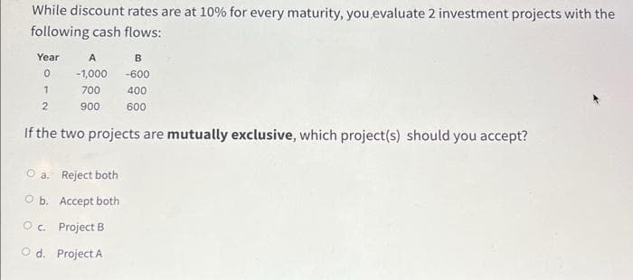 While discount rates are at 10% for every maturity, you,evaluate 2 investment projects with the
following cash flows:
Year
0
1
2
A
-1,000
700
900
B
-600
400
600
If the two projects are mutually exclusive, which project(s) should you accept?
O a. Reject both
O b. Accept both
O c. Project B
O d. Project A