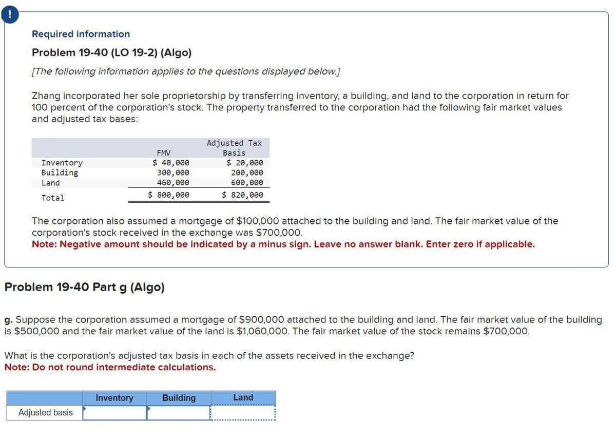 Required information
Problem 19-40 (LO 19-2) (Algo)
[The following information applies to the questions displayed below.]
Zhang incorporated her sole proprietorship by transferring inventory, a building, and land to the corporation in return for
100 percent of the corporation's stock. The property transferred to the corporation had the following fair market values
and adjusted tax bases:
Inventory
Building
Land
Total
FMV
$ 40,000
300,000
460,000
Adjusted Tax
Basis
$ 20,000
200,000
600,000
$ 800,000
$ 820,000
The corporation also assumed a mortgage of $100,000 attached to the building and land. The fair market value of the
corporation's stock received in the exchange was $700,000.
Note: Negative amount should be indicated by a minus sign. Leave no answer blank. Enter zero if applicable.
Problem 19-40 Part g (Algo)
g. Suppose the corporation assumed a mortgage of $900,000 attached to the building and land. The fair market value of the building
is $500,000 and the fair market value of the land is $1,060,000. The fair market value of the stock remains $700,000.
What is the corporation's adjusted tax basis in each of the assets received in the exchange?
Note: Do not round intermediate calculations.
Inventory
Building
Land
Adjusted basis