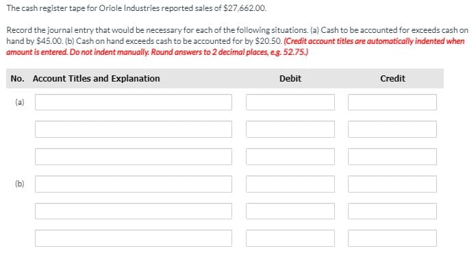 The cash register tape for Oriole Industries reported sales of $27,662.00.
Record the journal entry that would be necessary for each of the following situations. (a) Cash to be accounted for exceeds cash on
hand by $45.00. (b) Cash on hand exceeds cash to be accounted for by $20.50. (Credit account titles are automatically indented when
amount is entered. Do not indent manually. Round answers to 2 decimal places, eg. 52.75.)
No. Account Titles and Explanation
Debit
Credit
(a)
(b)
