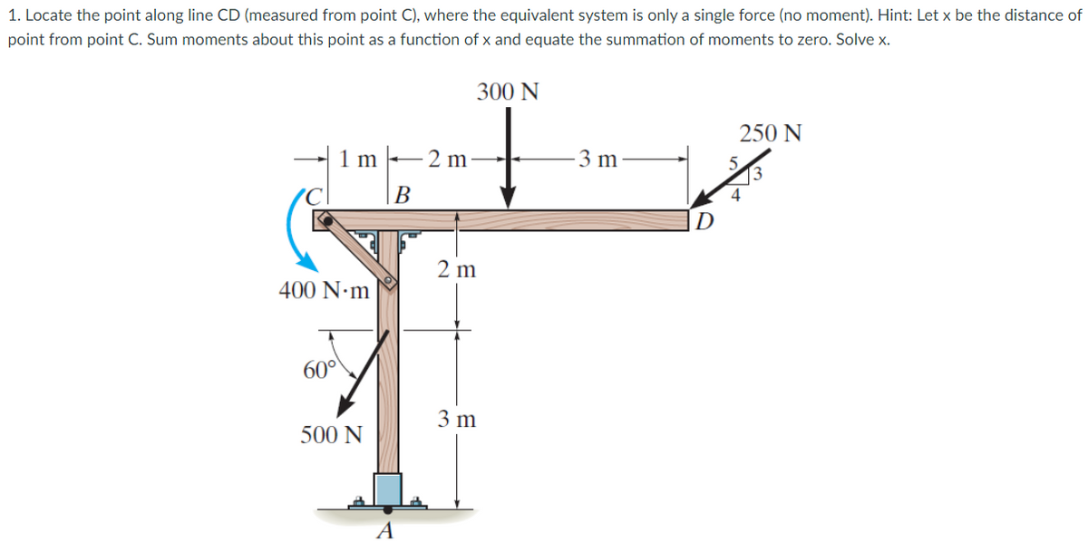 1. Locate the point along line CD (measured from point C), where the equivalent system is only a single force (no moment). Hint: Let x be the distance of
point from point C. Sum moments about this point as a function of x and equate the summation of moments to zero. Solve x.
300 N
250 N
1 m
2 m
3 m
|B
2 m
400 N•m
60°
3 m
500 N
A
