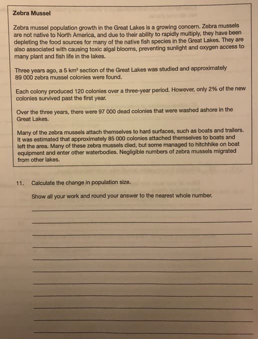 Zebra Mussel
Zebra mussel population growth in the Great Lakes is a growing concern. Zebra mussels
are not native to North America, and due to their ability to rapidly multiply, they have been
depleting the food sources for many of the native fish species in the Great Lakes. They are
also associated with causing toxic algal blooms, preventing sunlight and oxygen access to
many plant and fish life in the lakes.
Three years ago, a 5 km' section of the Great Lakes was studied and approximately
89 000 zebra mussel colonies were found.
Each colony produced 120 colonies over a three-year period. However, only 2% of the new
colonies survived past the first year.
Over the three years, there were 97 000 dead colonies that were washed ashore in the
Great Lakes.
Many of the zebra mussels attach themselves to hard surfaces, such as boats and trailers.
It was estimated that approximately 85 000 colonies attached themselves to boats and
left the area. Many of these zebra mussels died, but some managed to hitchhike on boat
equipment and enter other waterbodies. Negligible numbers of zebra mussels migrated
from other lakes.
11.
Calculate the change in population size.
Show all your work and round your answer to the nearest whole number.
